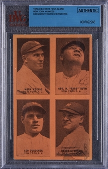1929-30 Exhibits "Four-In-One" Babe Ruth, Lou Gehrig, Leo Durocher (Rookie Year) and Mark Koenig Arcade Card with PC Back (Unused) – BVG Authentic